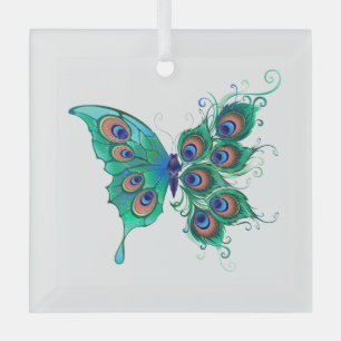 Butterfly with Green Peacock Feathers Glass Tree Decoration