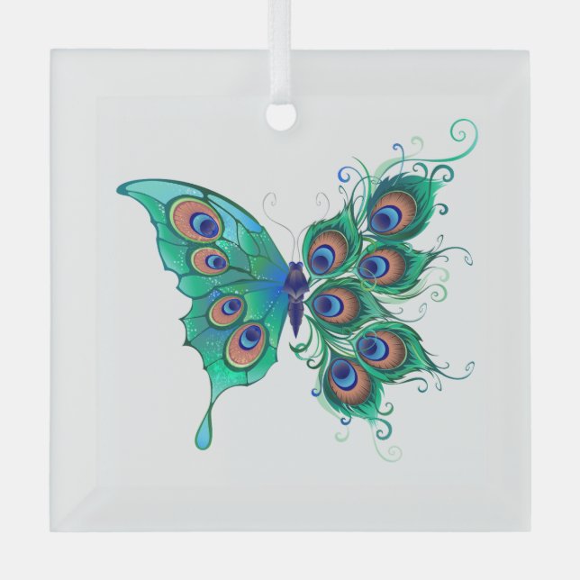 Butterfly with Green Peacock Feathers Glass Tree Decoration (Front)