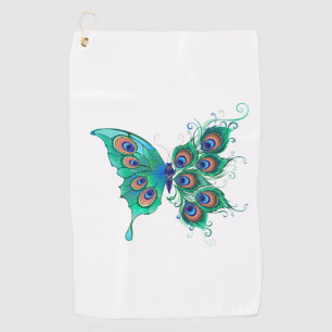 Butterfly with Green Peacock Feathers Golf Towel