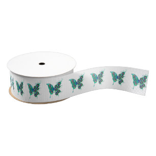 Butterfly with Green Peacock Feathers Grosgrain Ribbon