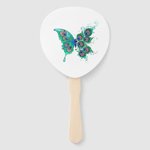 Butterfly with Green Peacock Feathers Hand Fan