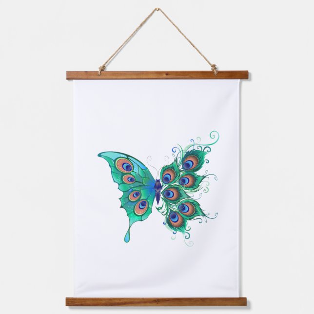 Butterfly with Green Peacock Feathers Hanging Tapestry (Front)