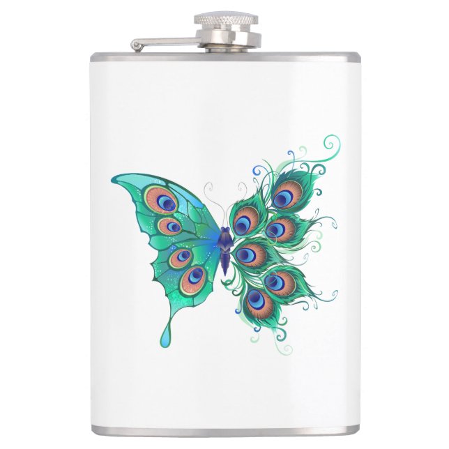 Butterfly with Green Peacock Feathers Hip Flask (Front)