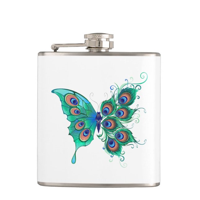 Butterfly with Green Peacock Feathers Hip Flask (Front)