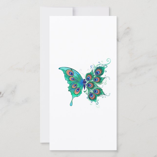 Butterfly with Green Peacock Feathers Holiday Card (Front)