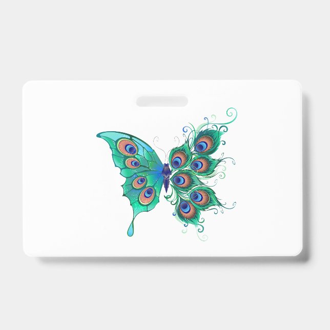 Butterfly with Green Peacock Feathers ID Badge (Front)