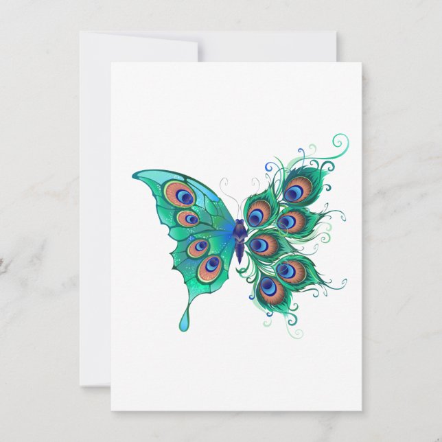 Butterfly with Green Peacock Feathers Invitation (Front)