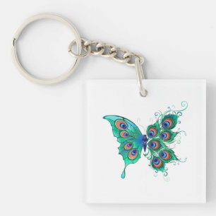 Butterfly with Green Peacock Feathers Key Ring