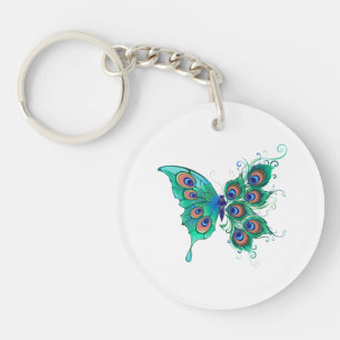 Butterfly with Green Peacock Feathers Key Ring