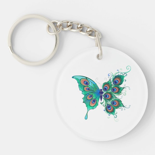 Butterfly with Green Peacock Feathers Key Ring (Front)