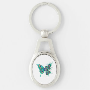 Butterfly with Green Peacock Feathers Key Ring