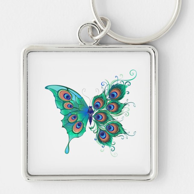 Butterfly with Green Peacock Feathers Key Ring (Front)