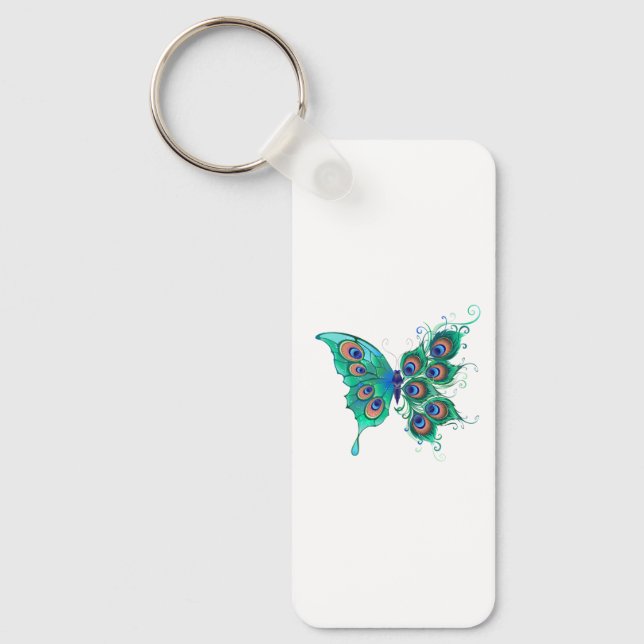 Butterfly with Green Peacock Feathers Key Ring (Front)