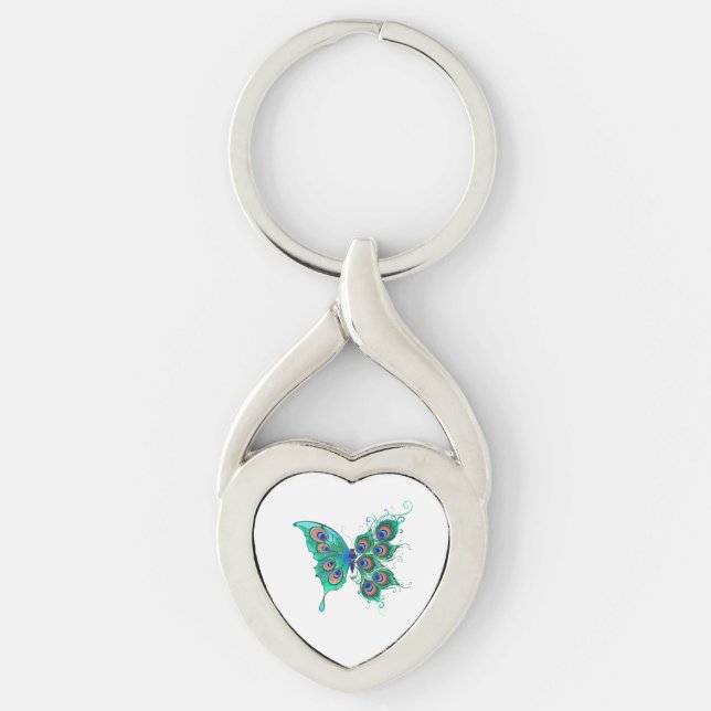 Butterfly with Green Peacock Feathers Key Ring (Front)