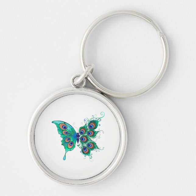 Butterfly with Green Peacock Feathers Key Ring (Front)