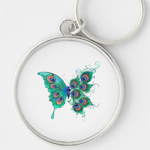 Butterfly with Green Peacock Feathers Key Ring
