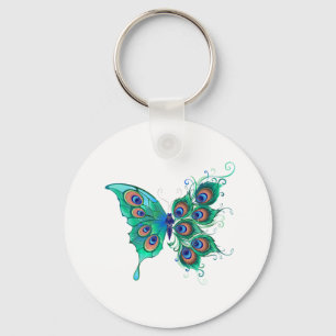Butterfly with Green Peacock Feathers Key Ring