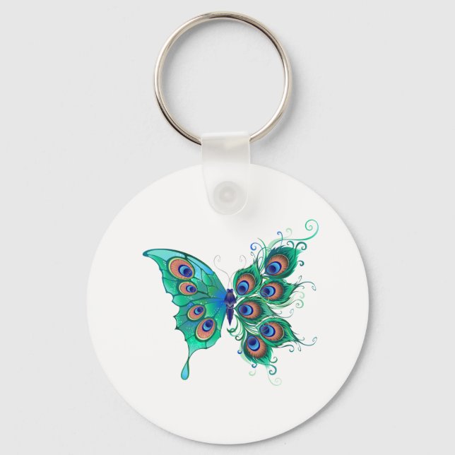 Butterfly with Green Peacock Feathers Key Ring (Front)