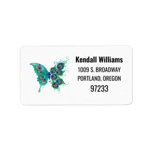 Butterfly with Green Peacock Feathers Label
