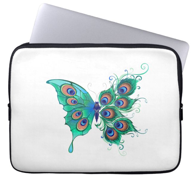 Butterfly with Green Peacock Feathers Laptop Sleeve (Front)