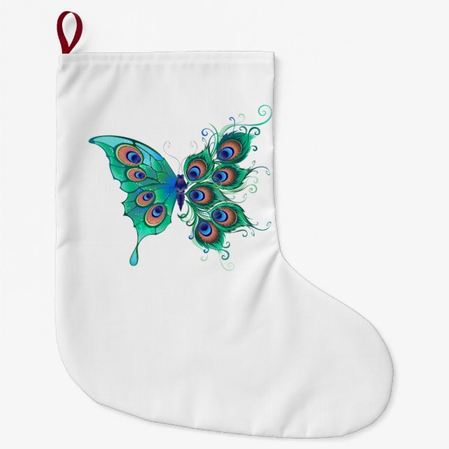 Butterfly with Green Peacock Feathers Large Christmas Stocking (Front)