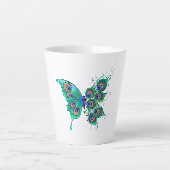 Butterfly with Green Peacock Feathers Latte Mug (Front)