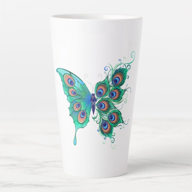 Butterfly with Green Peacock Feathers Latte Mug (Front)