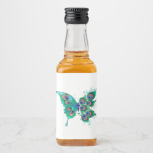 Butterfly with Green Peacock Feathers Liquor Bottle Label