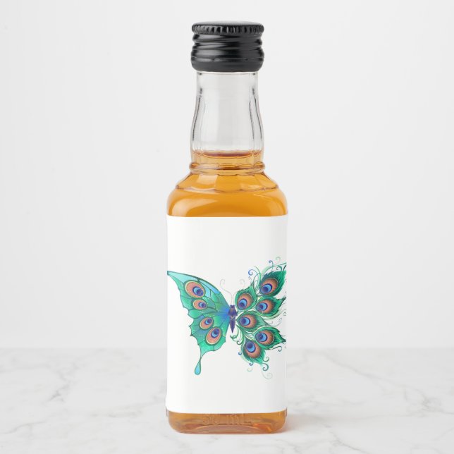 Butterfly with Green Peacock Feathers Liquor Bottle Label (Front)