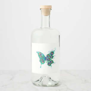 Butterfly with Green Peacock Feathers Liquor Bottle Label