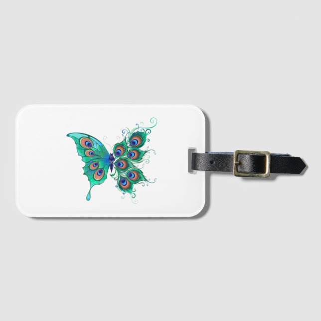 Butterfly with Green Peacock Feathers Luggage Tag (Front Horizontal)