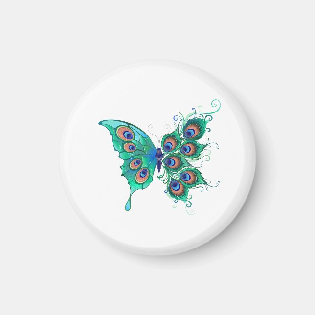 Butterfly with Green Peacock Feathers Magnet (Front)