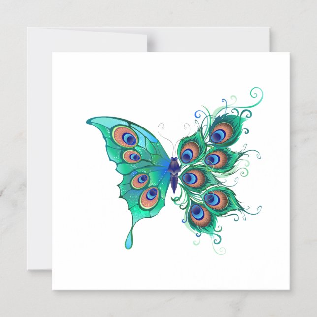 Butterfly with Green Peacock Feathers Magnetic Invitation (Front)