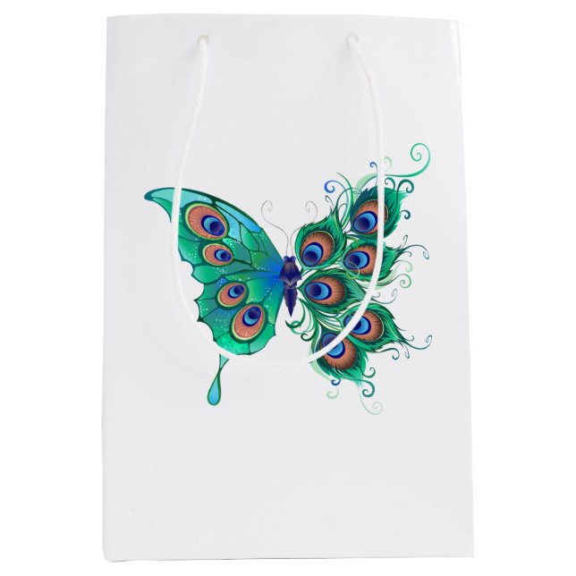 Butterfly with Green Peacock Feathers Medium Gift Bag (Front)