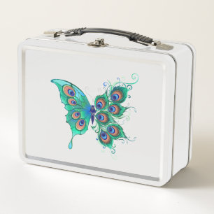 Butterfly with Green Peacock Feathers Metal Lunch Box