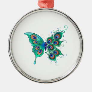 Butterfly with Green Peacock Feathers Metal Tree Decoration
