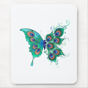 Butterfly with Green Peacock Feathers Mouse Mat