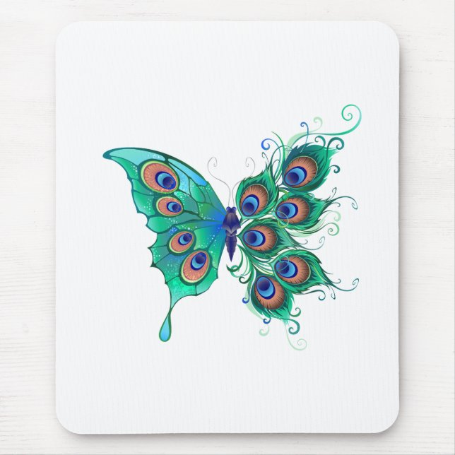 Butterfly with Green Peacock Feathers Mouse Mat (Front)