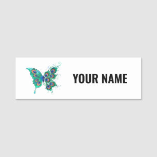 Butterfly with Green Peacock Feathers Name Tag