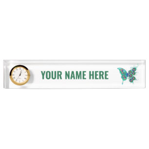 Butterfly with Green Peacock Feathers Nameplate