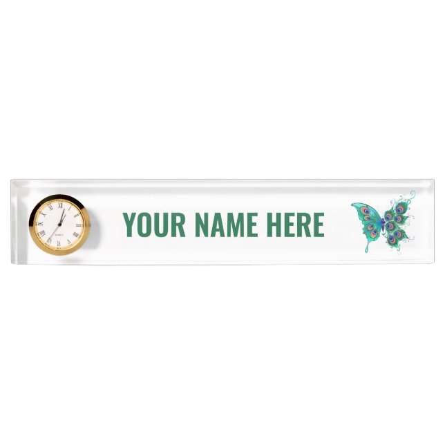 Butterfly with Green Peacock Feathers Nameplate (Front)