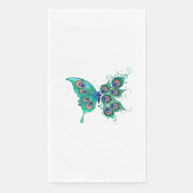 Butterfly with Green Peacock Feathers Napkin (Front)