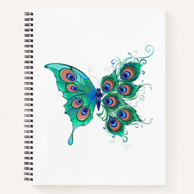 Butterfly with Green Peacock Feathers Notebook (Front)