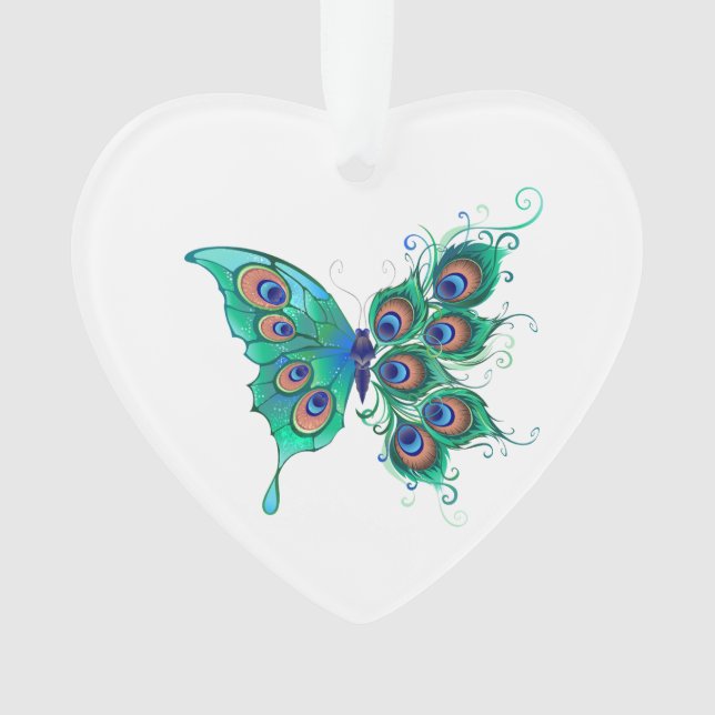 Butterfly with Green Peacock Feathers Ornament (Front)