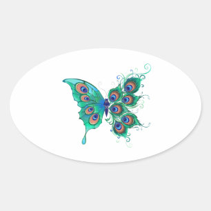Butterfly with Green Peacock Feathers Oval Sticker