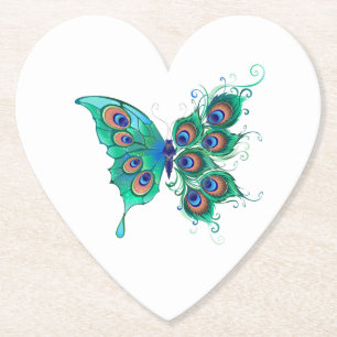 Butterfly with Green Peacock Feathers Paper Coaster
