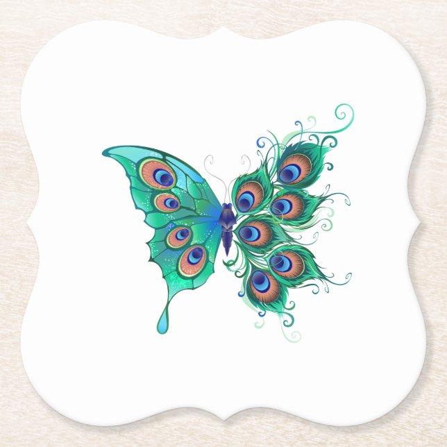 Butterfly with Green Peacock Feathers Paper Coaster (Front)
