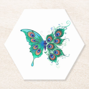 Butterfly with Green Peacock Feathers Paper Coaster