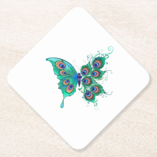 Butterfly with Green Peacock Feathers Paper Coaster