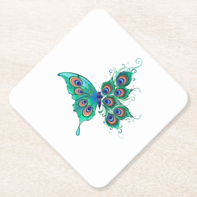Butterfly with Green Peacock Feathers Paper Coaster (Front)